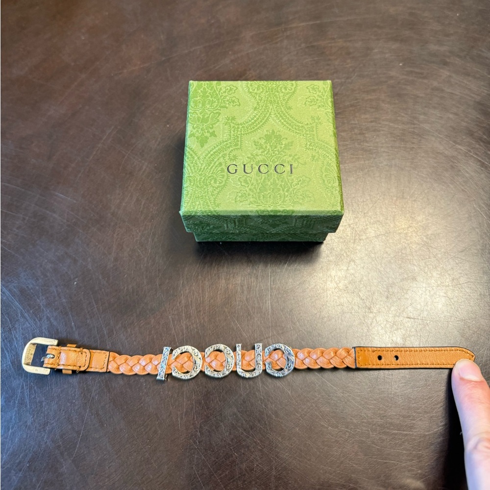 New Authentic Gucci Logo Silver Brown Leather Bracelet Size L / Wrist Up To 8” - Picture 8 of 12